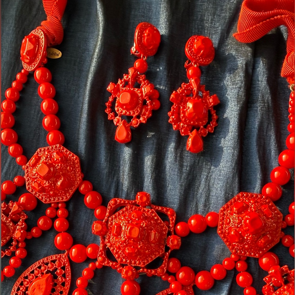 Lanvin for H&M Vibrant Iconic Red Statement Bib Necklace with Earrings